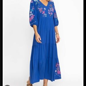 Johnny Was Blue Pleated Maxi Dress with V-Neck and Bishop Sleeves